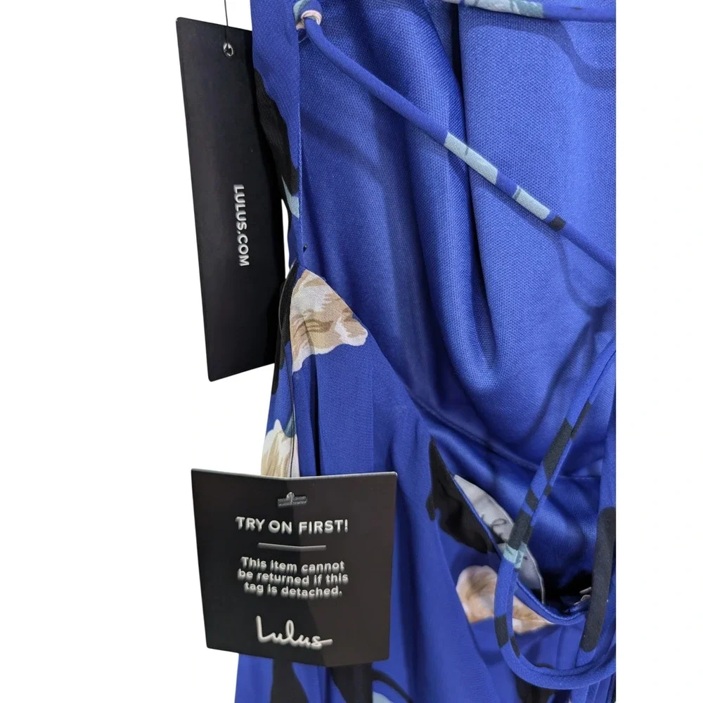 NWT Lulus Maxi Dress Blue Floral Halter Lace Up Back - S